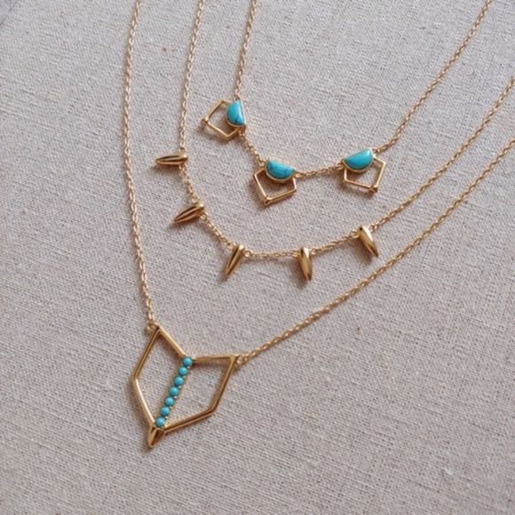 Stella & Dot Turquoise Gold Layering Necklace 16-20-18” Triple Strand - Picture 7 of 7